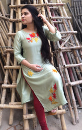 PISTA GREEN SILK EMBROIDERY KURTI